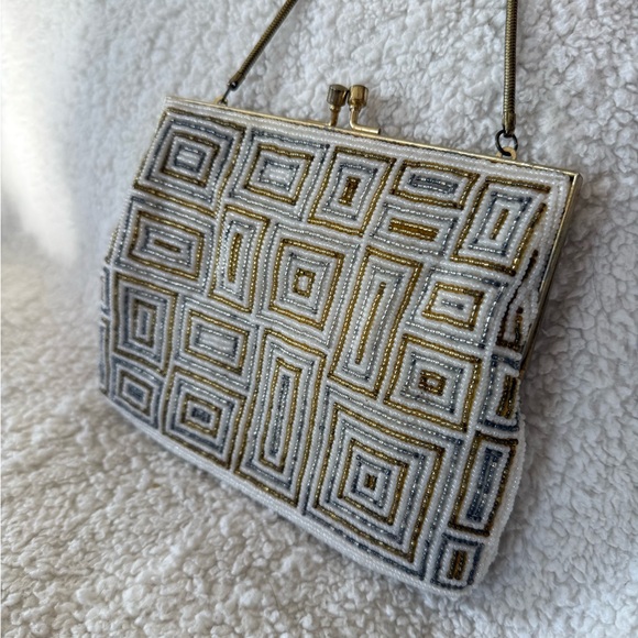 Vintage Walborg Gold & White Beaded Geometric Evening Bag Clutch - Picture 5 of 7
